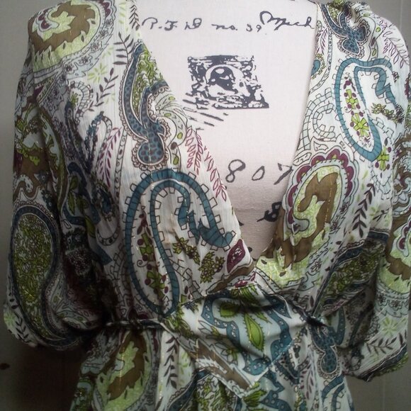 Paper Tee Blouse XL V-Neck Sheer Paisley Green Brown Blue - Picture 5 of 13